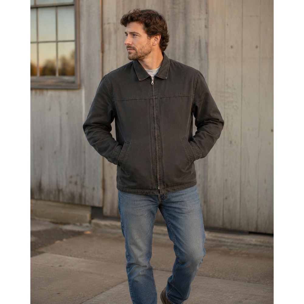 SAGA Mens Canvas Work Jacket Faded Black Cotton Fleece Lined Made in USA Size M